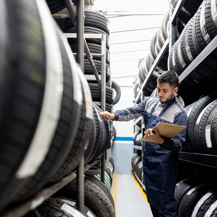 mechanic looking at tire inventory
