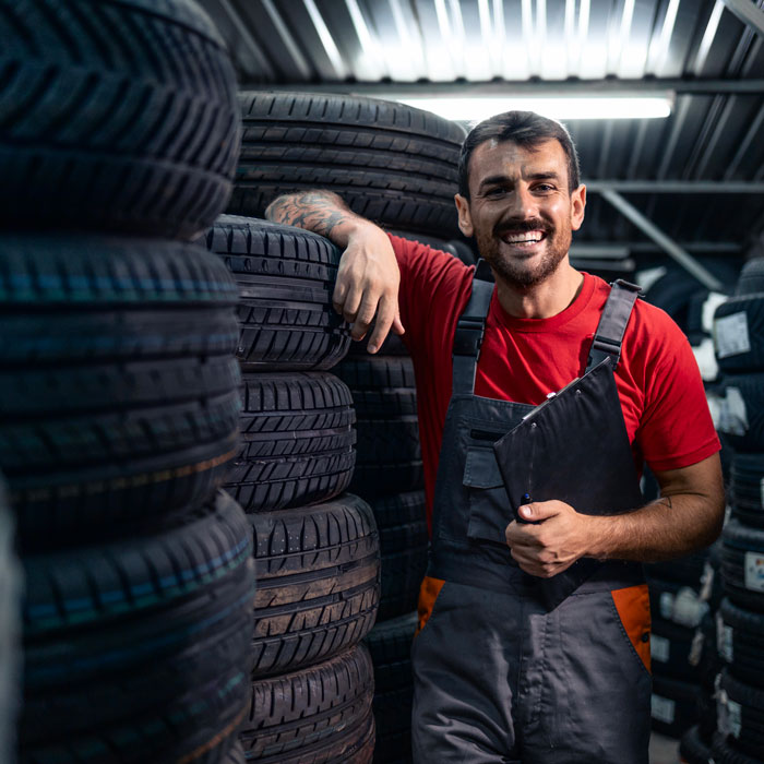 mechanic smiling with stack of tires